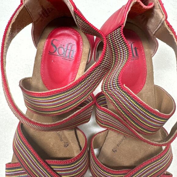 Sofft Cary Leather Strappy Red Rainbow Striped Cork Wedge Sandal Women 9 - Picture 6 of 7